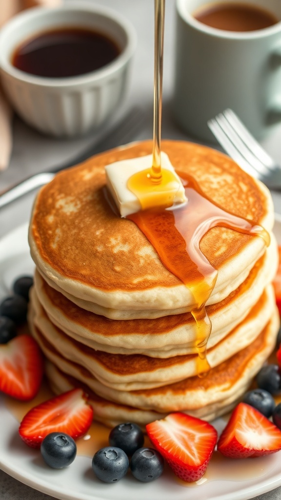 A stack of fluffy pancakes topped with butter and syrup, surrounded by fresh berries on a breakfast table.